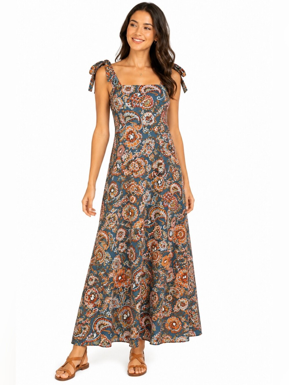 Women's Medium Boho Floral Maxi Dress Blue Paisley Print Viscose Summer Vacation